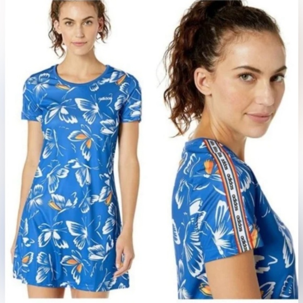 Adidas X Farm Rio Blue Butterfly Print Dress Short Sleeves Size Small